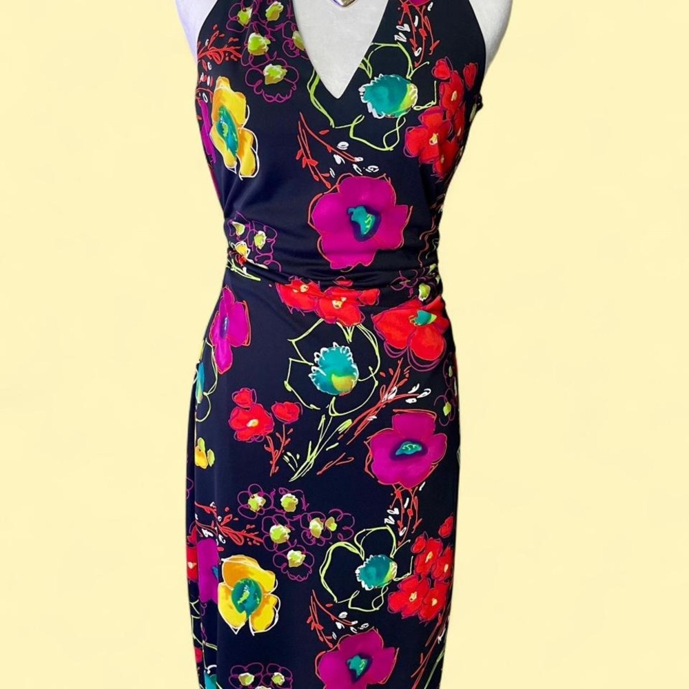 90s David Meister colorful floral halter neck asymmetrical hem dress size 6 - Picture 8 of 8